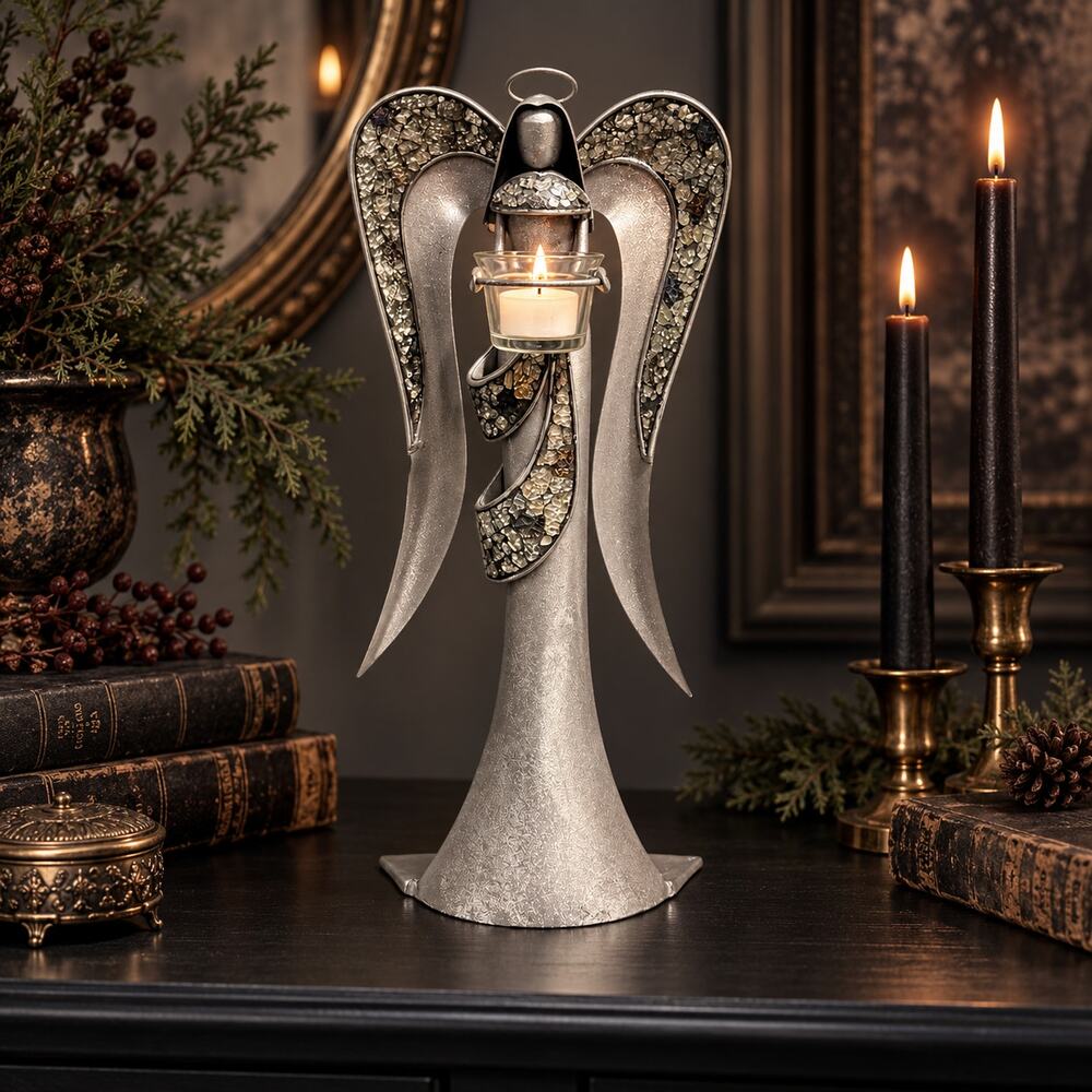 Pier 1 Silver Metal Angel Tealight Candle Holder Mosaic Glass 18" Decor